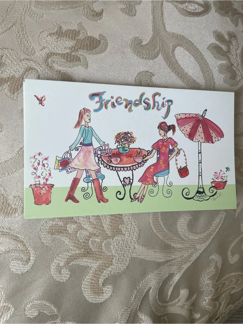 Friendship Greeting Card – Pink and Green. 6 Cards 6 Envelopes